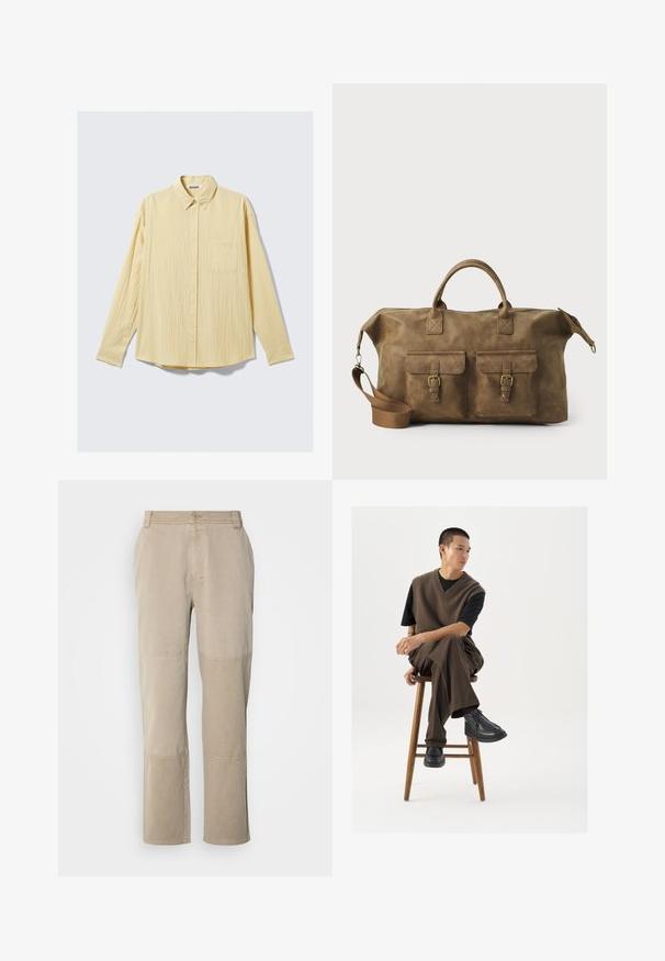 Cămașă cu mânecă lungă, dintr-un material galben moale, având un finisaj texturat, guler și un singur buzunar pe partea stângă a pieptului.; Pantaloni din bumbac bej, din twill, cu croială drept, având accente cusute la genunchi și închidere cu nasture la talie.; Vest tricotat maro peste un tricou negru, asortat cu pantaloni maro cu picioare largi și pantofi chunky negri, așezat pe un taburet din lemn.; Geantă de voiaj din piele maro, cu două buzunare frontale, curea de umăr ajustabilă, accesorii aurii și mânere superioare rezistente. Textură netedă.