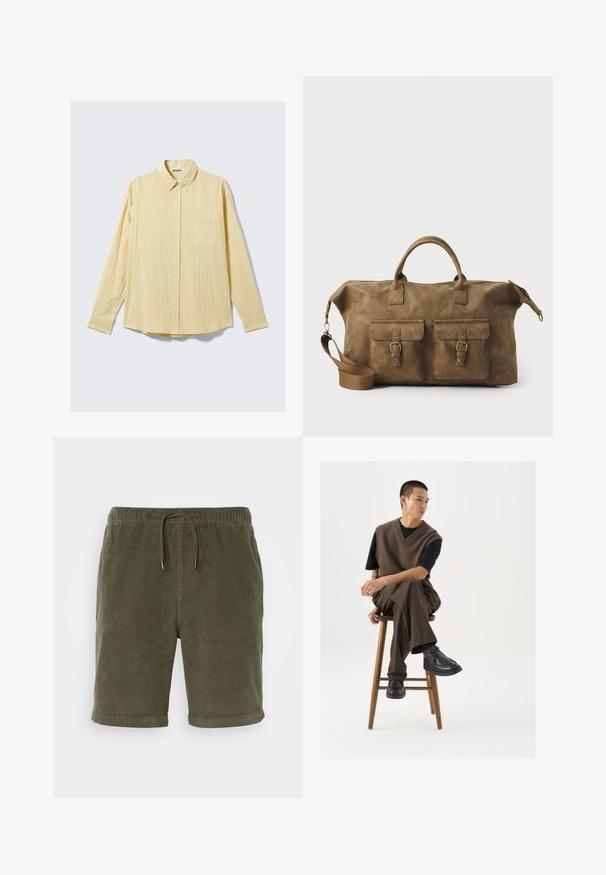 Camisa de manga larga tipo botones en suave tela amarilla, con un acabado texturizado, cuello y un único bolsillo en el pecho izquierdo.; Shorts de pana verde oliva con cintura elástica, cordón ajustable y dobladillos enrollados. Tejido texturizado con un acabado suave.; Chaleco de punto marrón sobre una camiseta negra, combinado con pantalones anchos marrones y zapatos negros gruesos, sentado en un taburete de madera.; Bolso de cuero marrón tipo duffel con dos bolsillos frontales, correa para el hombro ajustable, herrajes dorados y asas superiores resistentes. Textura suave.