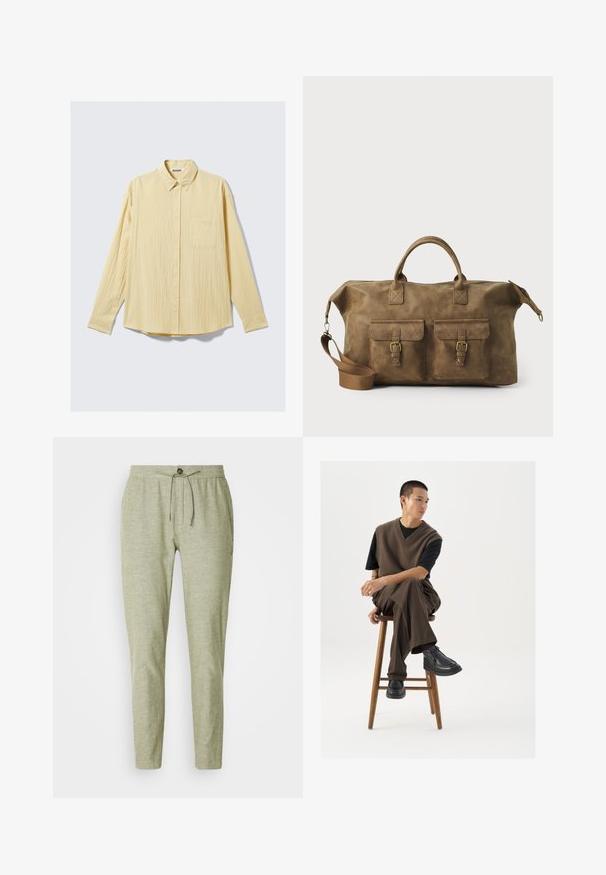 Camicia a maniche lunghe con bottoni in morbido tessuto giallo, caratterizzata da una finitura texturizzata, colletto e una singola tasca sul lato sinistro del petto.; Pantaloni jogger verde chiaro in un tessuto testurizzato, con una cintura elastica e un cordoncino e un dettaglio con bottone frontale.; Gilet marrone a maglia sopra una t-shirt nera, abbinato a pantaloni larghi marroni e scarpe chunky nere, seduto su uno sgabello di legno.; Borsa da viaggio in pelle marrone con due tasche frontali, tracolla regolabile, hardware dorato e manici superiori robusti. Texture liscia.