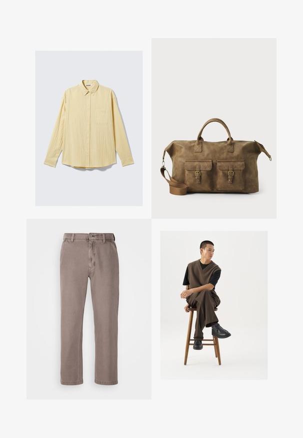 Pitkähihainen nappikauluspaita pehmeässä keltaisessa kankaassa, jossa on teksturoitu pinta, kaulus ja yksi vasemmalla puolella oleva rintatasku.; Ruske suknje ravnog kroja izrađene od meke pamučne mješavine. Sadrži zatvaranje na dugme, petlje za remen i bočne džepove. Minimalistički dizajn.; Ruskea neulottu liivi mustan t-paidan päällä, yhdistettynä ruskeisiin leveisiin housuihin ja mustiin paksupohjaisiin kenkiin, istuu puukorokkeella.; Ruskea nahkainen duffel-laukku, jossa on kaksi etutaskua, säädettävä olkahihna, kultaiset yksityiskohdat ja tukevat yläkahvat. Lisääntynyt sileä rakenne.