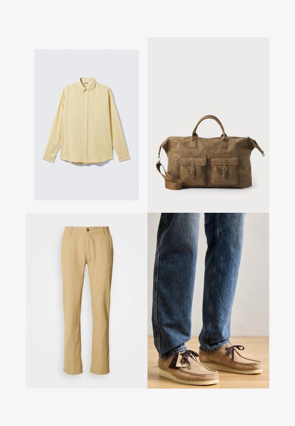 Chemise à manches longues en tissu jaune doux, avec une finition texturée, un col et une poche unique sur la poitrine gauche.; Pantalon beige avec une coupe droite, fermeture à bouton et texture de tissu subtile. Aucun motif ni matériel supplémentaire visible.; Mocassins en daim de couleur beige avec des accents marron foncé, à bout arrondi et semelle blanche moelleuse. Ils présentent un design à lacets et des détails cousus.; Sac de voyage en cuir marron avec deux poches avant, bandoulière réglable, accessoires en or et poignées supérieures robustes. Texture lisse.