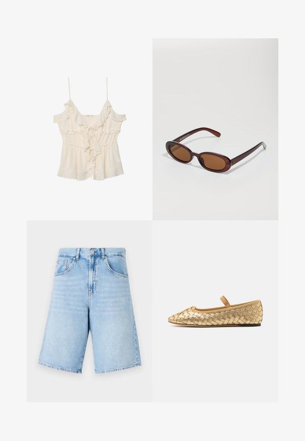 Kermittävänvärinen paita ohuilla olkaimilla, röyhelöreunoilla ja solmittavalla edustalla. Valmistettu kevyestä kankaasta, jossa on kootut vyötärö ja kerroksellinen muotoilu.; Vaaleansiniset farkkushortsit, joissa on korkea vyötärö, kaksi etutaskua, nappikiinnitys ja suorat, leveät lahkeet. Vaaleaa kulumista ympäriinsä.; Loeffler Randall LEONIE SOFT BALLET FLAT - Ballerinat nilkkaremmillä - gold; Pyöreät, ruskehtavat aurinkolasit, joissa on kiiltävä burgundinpunainen runko. Kapeat sivut, joissa on hienovarainen brändäys. Litteät linssit.