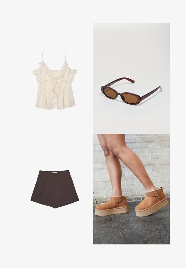 Kermittävänvärinen paita ohuilla olkaimilla, röyhelöreunoilla ja solmittavalla edustalla. Valmistettu kevyestä kankaasta, jossa on kootut vyötärö ja kerroksellinen muotoilu.; Ruske pleated shorts med vertikale striper, med flat midje og skreddersydd silhuett. Kort lengde med rene sømmer.; Ruske mokasine do gležnja od nubuk kože s mekim podstavom, debelim bež platformama i stražnjim držačem. Teksturirana površina s vidljivim detaljima šavova.; Pyöreät, ruskehtavat aurinkolasit, joissa on kiiltävä burgundinpunainen runko. Kapeat sivut, joissa on hienovarainen brändäys. Litteät linssit.; Kaksi kultasormusta on esillä, toinen paksu ja pyöreä, toinen ohut ja litteä. Molemmissa on sileä, kiiltävä pinta ja kiillotettu viimeistely.