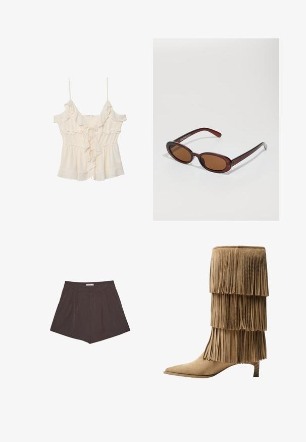 Kermittävänvärinen paita ohuilla olkaimilla, röyhelöreunoilla ja solmittavalla edustalla. Valmistettu kevyestä kankaasta, jossa on kootut vyötärö ja kerroksellinen muotoilu.; Ruske pleated shorts med vertikale striper, med flat midje og skreddersydd silhuett. Kort lengde med rene sømmer.; Fringe nilkkurit vaaleassa mokassa, joissa on kolme kerroksellista fringia. Teräväkärkiset ja matalalla blokkikorkealla varustetut. Tasainen pinta kauttaaltaan.; Pyöreät, ruskehtavat aurinkolasit, joissa on kiiltävä burgundinpunainen runko. Kapeat sivut, joissa on hienovarainen brändäys. Litteät linssit.; Kaksi kultasormusta on esillä, toinen paksu ja pyöreä, toinen ohut ja litteä. Molemmissa on sileä, kiiltävä pinta ja kiillotettu viimeistely.