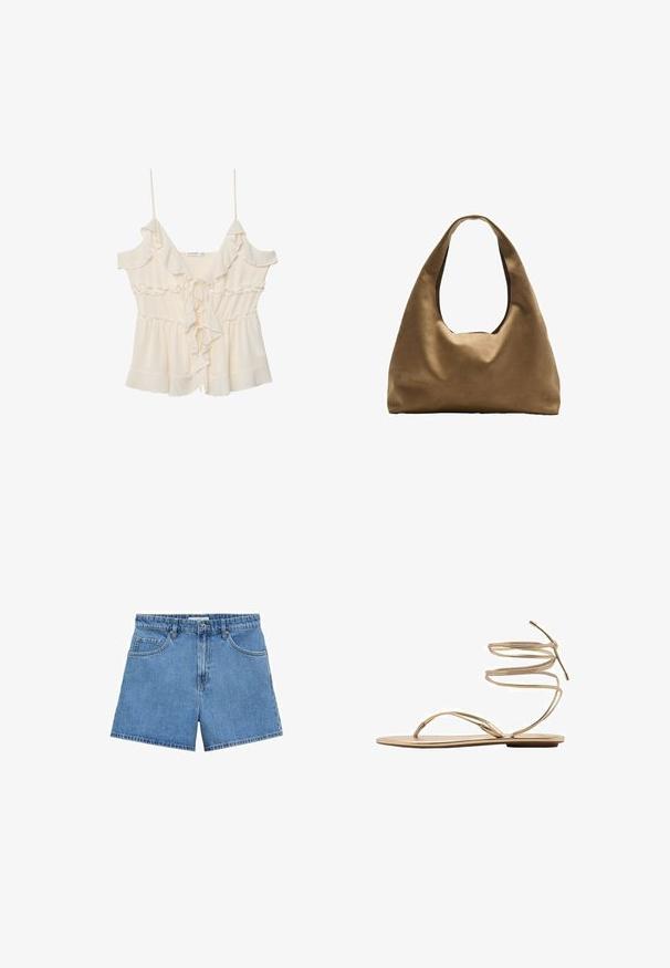 Krémová blůza s tenkými ramínky, volánkovými okraji a zavazováním vpředu. Vyrobena z lehké látky s nařaseným pasem a vrstveným designem.; Svetle modré denimové šortky s vysokým pasem, designem s pěti kapsami a zapínáním na knoflík. Rovný střih s čistým zakončením.; Zlaté ploché sandály s tenkými spirálovými kotníkovými popruhy, otevřenou špičkou a minimalistickou podrážkou. Mají hladký, metalický povrch.; Hnědá textilní taška přes rameno s širokým, zaobleným tvarem a velkým výřezem na rukojeť. Měkká textura, minimalistický design a žádné viditelné kovové prvky.