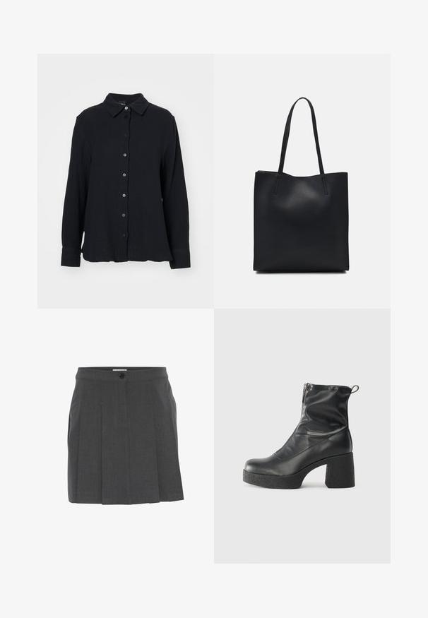 Gina Tricot Chemisier - black; Jupe plissée grise avec une taille élastique, dotée d'une fermeture à boutons à l'avant. Fabriquée en tissu texturé, conçue pour un ajustement ajusté.; Bottes noires à la cheville en cuir lisse, dotées d'une fermeture éclair sur le côté, d'un talon épais texturé et d'une conception à bout rond.; Sac fourre-tout en cuir noir avec une texture lisse, de forme rectangulaire et deux longues poignées. Pas de matériel ou d'ornementations visibles.