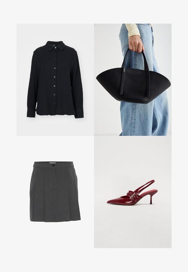 Gina Tricot Bluza s gumbima - black; Siva plisirana suknja s pojasom, s prednjim zatvaranjem na gumbe. Izrađena od teksturirane tkanine, dizajnirana za prilagođeni kroj.; Crvene patent kožne sandale s upetačom, oštrim vrhom, dva remena s kopčama i tankim, srednje visokim štiklama. Glatka tekstura.; Crna kožna torba jedinstvenog oblika ventilatora, s ravnim ručkama. Površina ima teksturu sličnu šljunku i minimalistički dizajn.