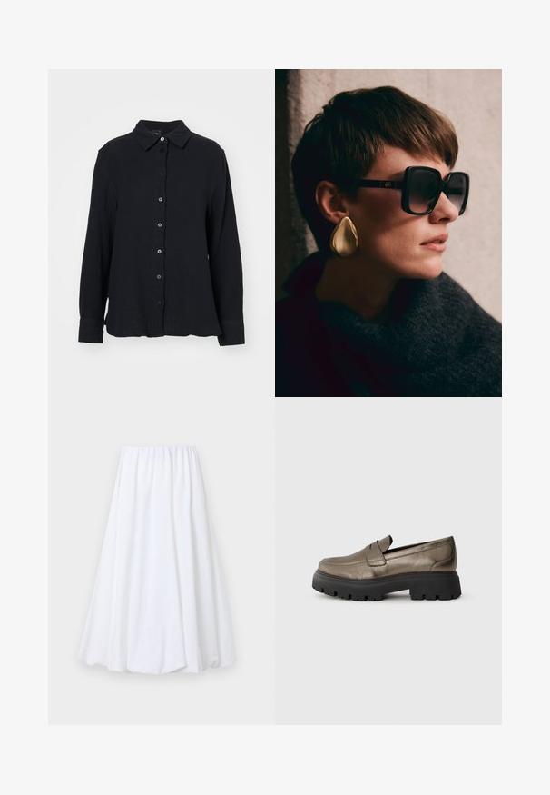 Gina Tricot Skjortebluse - black; Hvit ankel-lang skjørt med elastisk midje, laget av lett materiale med en glatt tekstur og en flytende silhuett.; Metallisk olivenfarget lær loafers med rund tå, svart kraftig gummisåle og minimale sømdetaljer på overdelen.; Svart oversized solbriller med mørke linser og gullhardware, kombinert med en stor, skinnende gulldråpeørering. Mørk teksturert skjerf.; Svart lærveske med en buet form, avtagbar stropp og gullbeslag. Vesken har et klaff med spenne-detall.