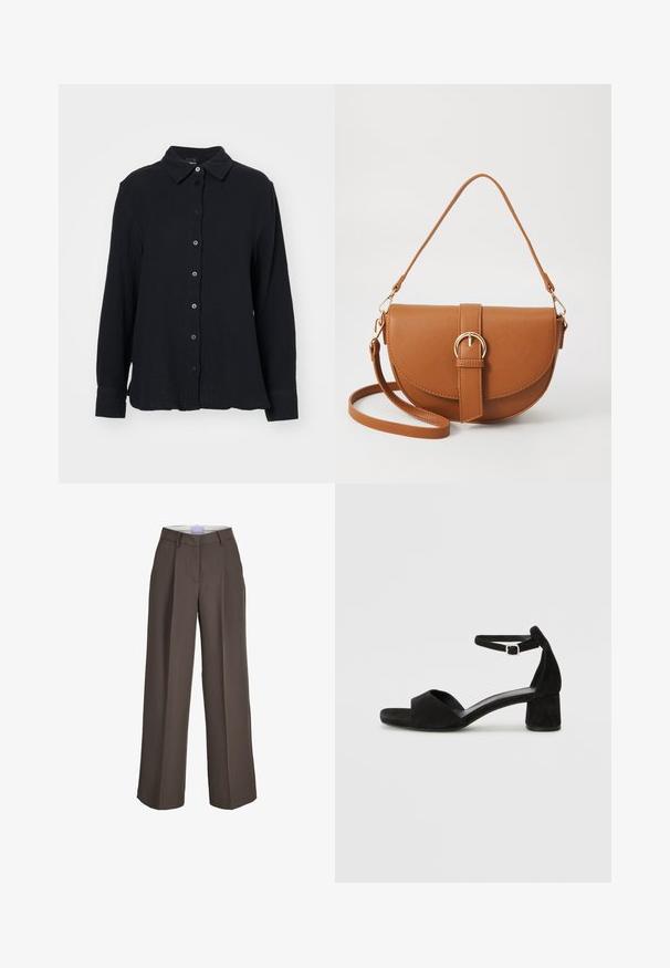 Gina Tricot Button-down blouse - black; Wide-legged trousers in brown fabric, featuring a high waist, front pleats, and a smooth texture. Includes belt loops for added detail.; Black suede heeled sandals with a thin ankle strap, open toe design, and a modest block heel. Smooth texture and minimal accents.; Brown leather crossbody bag with a curved shape, gold hardware, and a buckle accent. Features a detachable shoulder strap.