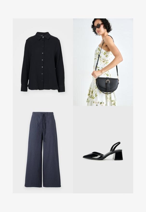 Gina Tricot Skjortebluse - black; Vide bukser i marineblå med hvide lodrette striber. Lavet af et let stof, med snor i taljen og en glat tekstur.; Svarte patentlær slingback hæler med spiss tå og geometrisk blokk hæl. Har et stilrent, minimalistisk design og jevn tekstur.; Svart lærveske med en buet form, avtagbar stropp og gullbeslag. Vesken har et klaff med spenne-detall.