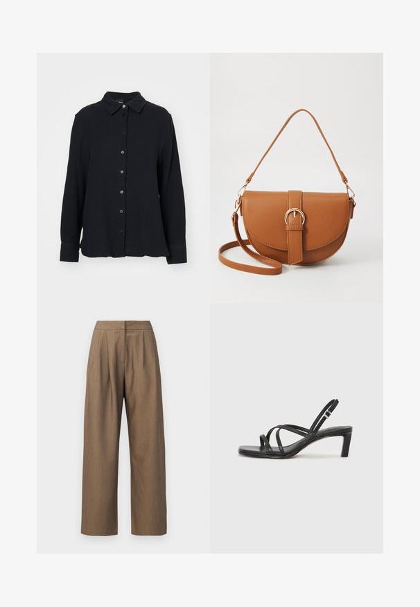 Gina Tricot Skjortebluse - black; Brune vide bukser laget av teksturert stoff, med høy midje, legg og rett snitt, med rene sømmer.; Sorte sandaler med stropper, firkantet tå og lav blokk hæl. Har flere tynne stropper og en justerbar ankelstropp. Laget av glatt lær.; Brun lærcrossbody-veske med en buet form, gullhardware og et spenneakcent. Har en avtakbar skulderreim.