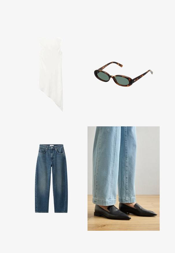 Ärmelloses weißes Kleid mit Rundhalsausschnitt und asymmetrischem Saum, der auf einer Seite zu einem Punkt drapiert.; Dunkelblaue Denim-Jeans mit geradem Bein, Fünf-Taschen-Design und klassischem Knopfverschluss. Weiche Textur mit dezenten Verfärbungen.; Schwarze Lederschuhe mit spitzem Zehenbereich und Schlupfdesign, kombiniert mit hellblauen weit geschnittenen Jeans, auf einem Holzboden.; Schildpatt-Sonnenbrille mit ovalen Rahmen und grünen Gläsern. Verfügt über dünne Bügel mit einem metallischen Akzent in der Nähe der Scharniere.; Gewebte gelbe Handtasche mit einem geschwungenen Oberhandgriff und einer unstrukturierten Form. Die strukturierte Oberfläche weist ein kreuz und quer Muster auf.
