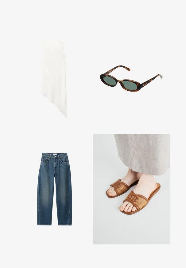 Abito bianco senza maniche con scollo rotondo e un orlo asimmetrico che si drappeggia a punta su un lato.; Jeans in denim blu scuro con gamba dritta, design a cinque tasche e chiusura con bottone classica. Texture morbida con leggera scoloritura.; Infradito marroni con dettagli in tessuto intrecciato e pelle liscia, dotati di una suola piatta e una fascia decorata.; Occhiali da sole tartarugati con montatura ovale e lenti verdi. Presentano aste sottili con un accento metallico vicino alle cerniere.; Borsa a tracolla gialla intrecciata con manico curvo e forma non strutturata. La superficie testurizzata presenta un motivo a incrocio.