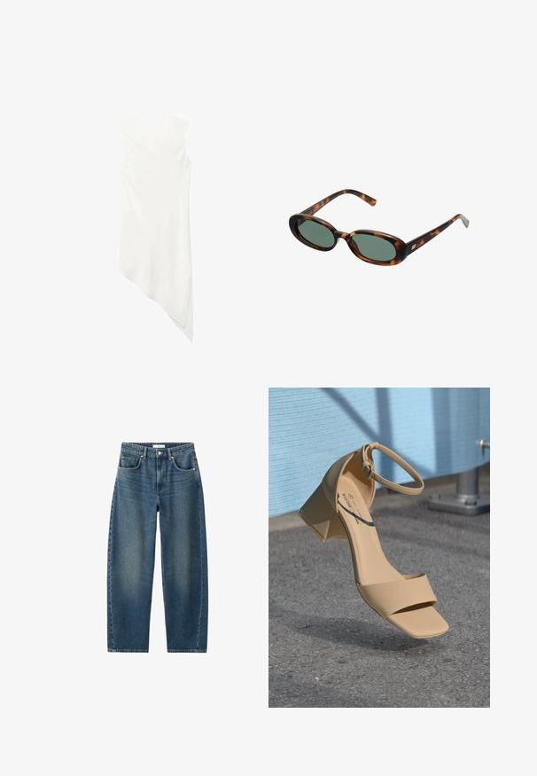 Sleeveless white dress with a round neckline and an asymmetrical hemline that drapes to a point on one side.; Dark blue denim jeans with a straight leg, five-pocket design, and a classic button closure. Soft texture with subtle fading.; Beige block-heeled sandal with a square toe, minimal straps, and an ankle buckle. Smooth, matte material against a gray surface.; Tortoiseshell sunglasses with oval frames and green lenses. Features thin arms with a metallic accent near the hinges.; Woven yellow handbag with a curved top handle and an unstructured shape. The textured surface features a crisscross pattern throughout.