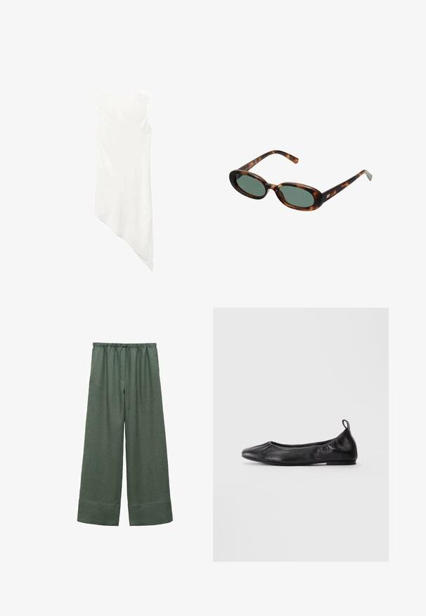 Hihaton valkoinen mekko, jossa on pyöreä kaula-aukko ja epäsymmetrinen helma, joka laskeutuu pisteeseen toisella puolella.; Vihreät pellavahousut, joissa on leveät lahkeet ja nyöritys vyötäröllä, tyyliltään sileät ja lyhennetty helmasta.; Musta nahkainen ballerinatyyppinen kengät, jossa on pyöristetty kärki, taitettava elastinen reuna ja vetotappi kantapäässä, esitelty vaalealla taustalla.; Kilpikonnakuosisuntit, joissa on soikeat kehykset ja vihreät linssit. Ominaisuuksiin kuuluu ohuet varret, joissa on metallinen korostus saranan lähellä.; Kudottu keltainen käsilaukku, jossa on kaareva yläkahva ja rakenne, joka ei ole jäykkä. Teksturoitu pinta sisältää ristikkäisen kuvion.