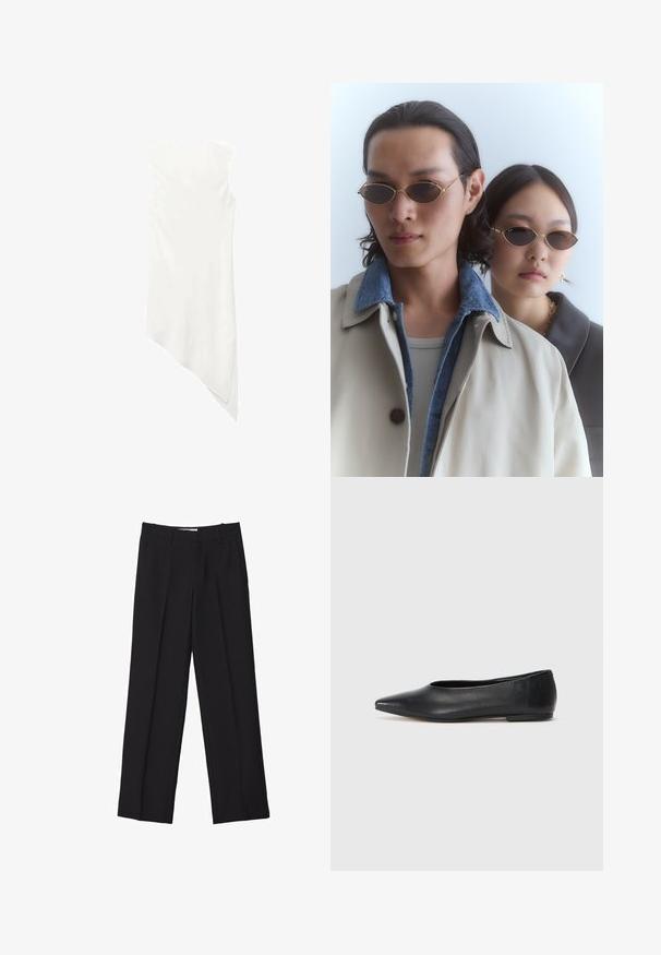 Sleeveless white dress with a round neckline and an asymmetrical hemline that drapes to a point on one side.; Black tailored trousers with a straight-leg design, featuring double pleats, a smooth texture, and subtle front seam details.; Black leather ballet flat, pointed toe, minimalistic design, smooth texture, low-profile heel, no visible hardware or embellishments.; Gold-framed sunglasses with oval lenses, worn by two individuals. One wears a beige coat with a denim collar; the other in a dark, collared top.; Black leather handbag with two handles, oval shape, smooth texture, subtle branding, and a heart-shaped tag attached.