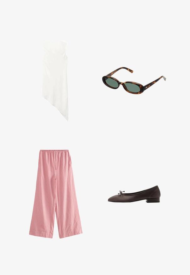 Bezrukávové biele šaty s okrúhlym výstrihom a asymetrickým lemom, ktorý na jednej strane spadá do špičky.; Next TEXTURED STRIPE WIDE LEG - Nohavice - pink; Hnedé kožené baletky s zaoblenou špičkou a malým blokovým podpätkom. Obsahujú tenkú mašľu vpredu a jemné švy.; Slnečné okuliare v štýle korytnačiny s oválnymi rámami a zelenými sklami. Majú tenké nožičky s kovovým akcentom pri pántoch.; Tkaná žltá kabelka s oblúkovou hornou rukoväťou a neštruktúrovaným tvarom. Textúrovaný povrch obsahuje krížový vzor.