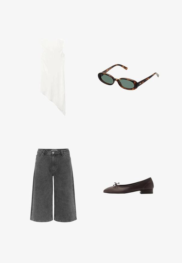 Hihaton valkoinen mekko, jossa on pyöreä kaula-aukko ja epäsymmetrinen helma, joka laskeutuu pisteeseen toisella puolella.; Harmaat farkkukaprihousut rentoa mallia, joissa on klassinen vyötärö, nappisulku, kaksi etutaskua ja sileä pinta.; Ruske kožne balerinke s zaobljenim vrhom i malim blok petom. Imaju tanke mašne sprijeda i suptilne šavove.; Kilpikonnakuosisuntit, joissa on soikeat kehykset ja vihreät linssit. Ominaisuuksiin kuuluu ohuet varret, joissa on metallinen korostus saranan lähellä.; Kudottu keltainen käsilaukku, jossa on kaareva yläkahva ja rakenne, joka ei ole jäykkä. Teksturoitu pinta sisältää ristikkäisen kuvion.