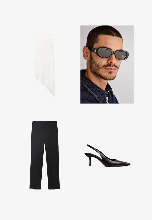 Bezrukávové biele šaty s okrúhlym výstrihom a asymetrickým lemom, ktorý na jednej strane spadá do špičky.; Čierne nohavice vyrobené z hladkej tkaniny, so strihom s rovnými nohavicami, prednými vreckami a plochým pásom bez viditeľnej kovania alebo ozdôb.; NA-KD Klasické lodičky na opätku - black; Čierne oválne slnečné okuliare s tmavými sklami a elegantnými rámami, obsahujúce kovový akcent na spánkoch, umiestnené na neutrálnom pozadí.