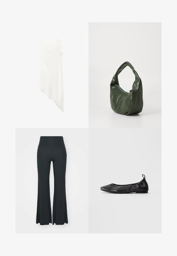 Bela brezrokavna obleka z okroglim izrezom in asimetričnim robom, ki se na eni strani spusti do konice.; Yogasearcher JAIPUR FLARE PANTS - Spodnji deli trenirk - forest; Črne usnjene balerinke s zaobljenim nosom, z zloženim elastičnim stranicami in tabom za vlečenje na peti, prikazane na svetli podlagi.; Zelena pletena usnjena torba s konkavno oblikovanim ročajem in zadrgo. Ima teksturirano, vzorčasto površino ter mehko, sproščeno obliko.