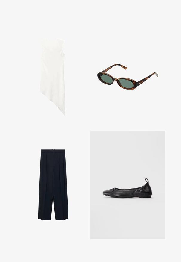 Sleeveless white dress with a round neckline and an asymmetrical hemline that drapes to a point on one side.; Navy wide-leg trousers with front pleats, flat waistband, and no visible hardware. Made from a smooth fabric with a subtle texture.; Black leather ballet flat with rounded toe, gathered elastic sides, and a pull tab at the heel, displayed on a light background.; Tortoiseshell sunglasses with oval frames and green lenses. Features thin arms with a metallic accent near the hinges.