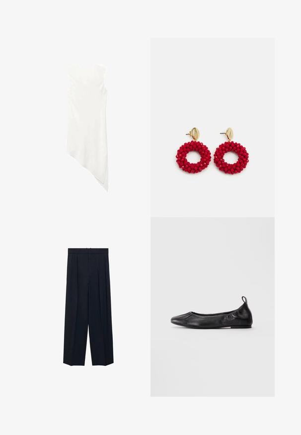 Bílé šaty bez rukávů s kulatým výstřihem a asymetrickým lemem, který na jedné straně splývá do špičky.; Námořnické široké kalhoty s předními záhyby, plochým pasem a žádným viditelným kováním. Vyrobené z hladkého materiálu se jemnou texturou.; Černé kožené baletní střevíce s kulatou špičkou, na bocích s gumičkou a s poutkem na patě, vystavené na světlém pozadí.; Červené kroužkové náušnice pokryté korálky s texturovaným povrchem a pozlaceným uzávěrem. Kulatý tvar s otevřeným středem a zaoblenými detaily korálků.