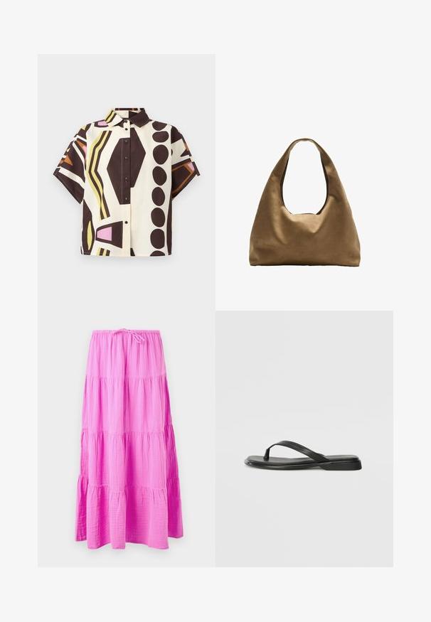 Korte mouwen, overhemd met kraag van katoen, met een geometrisch patroon in bruin, crème, roze en groen, voorzien van zwarte knopen.; Lange, gelaagde rok in felroze, gemaakt van zachte, textuurrijke stof. Heeft een elastische tailleband met een trekkoord voor een verstelbare pasvorm.; Zwarte teenflip-flop van glad leer, met een dunne band en een platte zool met een minimalistisch profiel. Geen opvallende patronen of accenten.; Bruine stoffen schoudertas met een brede, ronde vorm en een grote uitsnede handvat. Zachte textuur, minimalistisch ontwerp en geen zichtbare hardware.