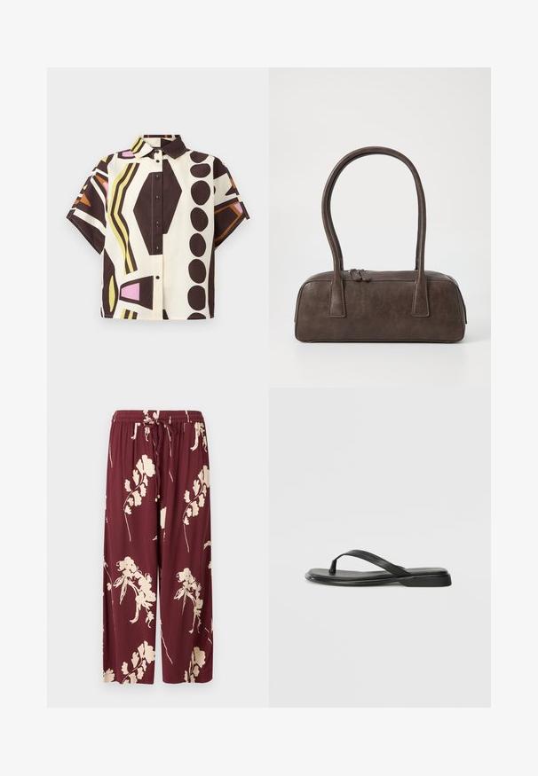 Kortermet skjorte med krage laget av bomull, med et geometrisk mønster i brun, krem, rosa og grønn, utstyrt med svarte knapper.; Burgunderfargede vid bukser laget av lett stoff med et kremfarget blomstermønster, elastisk midje med snor og to sidelommer.; Sorte flip-flop laget av glatt lær, med en tynn stroppdesign og en flat såle med et minimalistisk utseende. Ingen bemerkelsesverdige mønstre eller aksenter.; Brun lærveske med to robuste håndtak, rektangulær form, jevn tekstur og glidelås. Minimalistisk design uten synlige mønstre.
