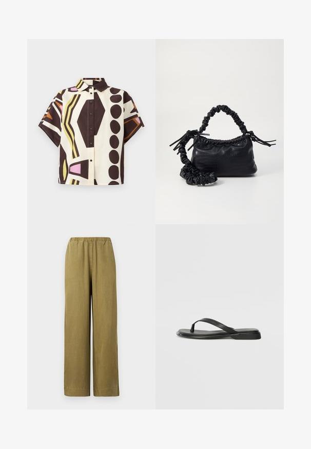 Short-sleeve, collared shirt made of cotton, featuring a geometric pattern in brown, cream, pink, and green with black buttons.; Khaki wide-leg pants with an elastic waistband, made from soft cotton material. Features side slits and a straight cut, offering a relaxed fit.; Black flip-flop made of smooth leather, featuring a thin strap design and a flat sole with a minimal profile. No notable patterns or accents.; Black faux leather handbag with a crocodile texture, cinched top, and a scrunched strap. Appears soft and compact in design.