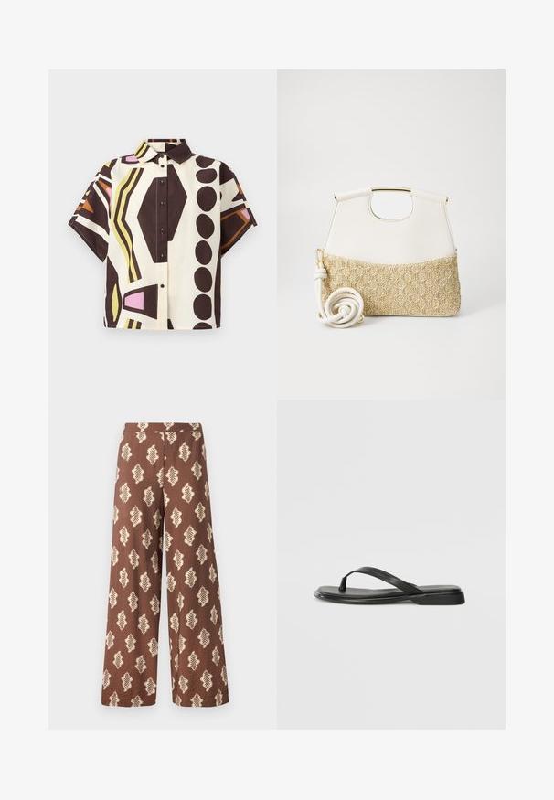 Krátký rukáv, košilová košile z bavlny s geometrickým vzorem v hnědé, krémové, růžové a zelené barvě s černými knoflíky.; Široké hnědé kalhoty vyrobené z látky s texturovaným povrchem, zdobené opakujícím se listovým vzorem v krémové barvě. Elastický pas.; Černé žabky vyrobené z hladké kůže, s tenkým designem popruhu a plochou podrážkou s minimálním profilem. Žádné výrazné vzory ani akcenty.; Bílá kožená kabelka s texturovaným krémovým tkaným dnem. Obsahuje zlatou rukojeť a stočený bílý popruh pro variabilitu.