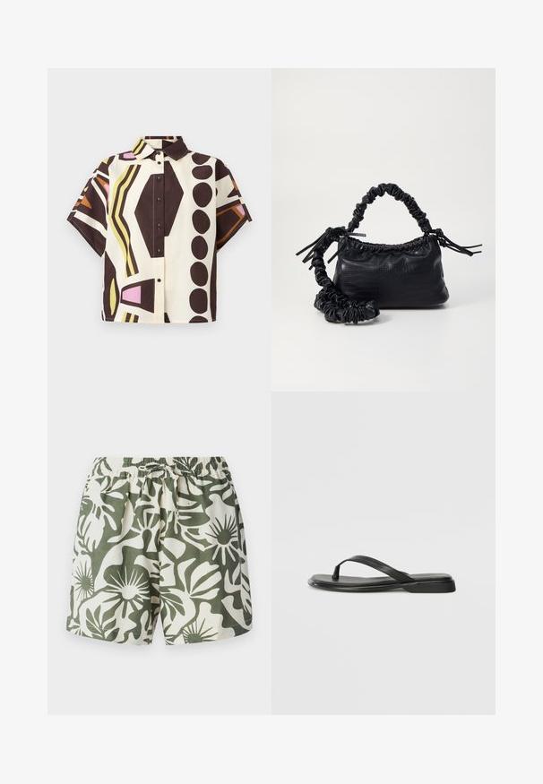 Īsām piedurknēm, ar apkakli, kokvilnas krekls, ar ģeometrisku rakstu brūnā, krēmkrāsas, rozā un zaļā krāsā, ar melniem pogām.; Zaļi un krēmkrāsas ziedu raksta šorti ar elastīgu jostasvietu un savilcēju, izgatavoti no viegla auduma. Ikdienas dizains, brīvs piegriezums.; Melni flip-flopi, kas izgatavoti no gludas ādas, ar plānu siksniņu dizainu un plakanu zoli ar minimālu profilu. Nav ievērojamu rakstu vai akcentu.; Melnā mākslīgās ādas rokassoma ar krokodila rakstu, savilkta augšdaļa un saburzīta siksna. Izskatās mīksta un kompakta pēc dizaina.