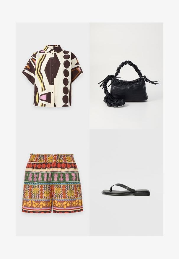 Kurzärmliges, kragenförmiges Hemd aus Baumwolle mit einem geometrischen Muster in Braun, Creme, Pink und Grün, mit schwarzen Knöpfen.; Multimuster-Shorts mit einer Mischung aus leuchtenden Farben wie Rot, Gelb, Grün und Pink, einem elastischen Bund und verschiedenen tropischen Motiven.; Schwarze Flip-Flops aus glattem Leder, mit einem dünnen Riemendesign und einer flachen Sohle mit minimalem Profil. Keine bemerkenswerten Muster oder Akzente.; Schwarze Handtasche aus Kunstleder mit Krokodilstruktur, gerafftem oberen Teil und einem geschoppten Tragegurt. Sie wirkt weich und kompakt im Design.