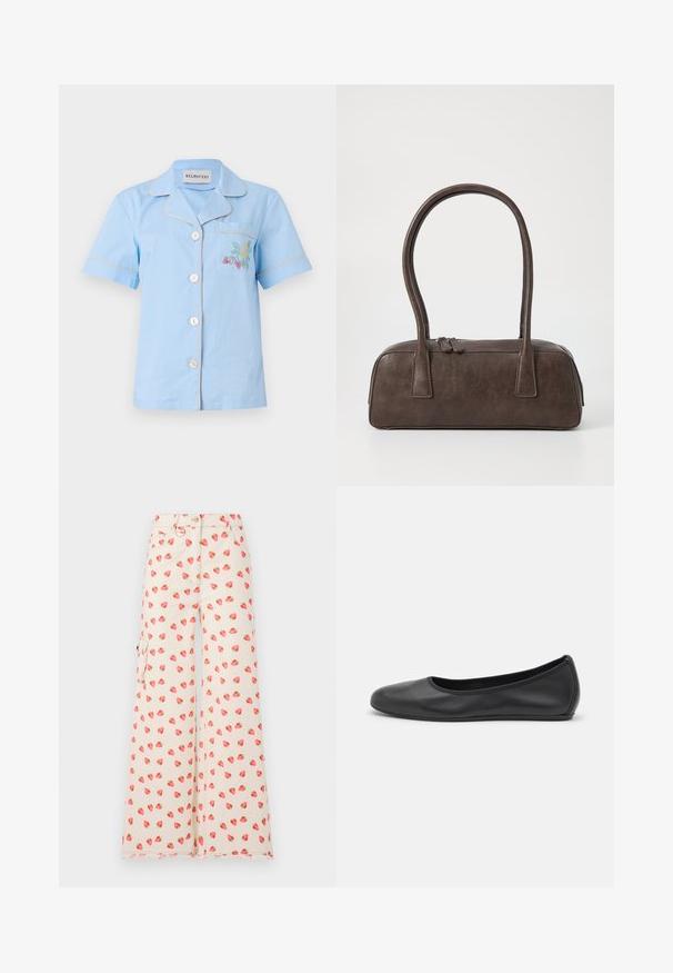 Hele sinise lühikeste varrukatega särk, millel on krae, rinnatasku ning mitmevärviline lilleline tikand, lõpetatud kontrastse äärekesega.; Laiad püksid, mis on valmistatud beežist kangast, punase ja rohelise maasikakujundusega. Sisaldab külgtaskuid ja kulunud äärt.; Musthave mustika tantsutossud mustast nahast, ümmarguse varbaga, siledast tekstuurist, minimaalse õmblusdetailiga ja paindliku tallakujundusega.; Pruunist nahast käsipagas kahe tugeva käepidemega, kandiline kuju, sile tekstuur ja tõmblukuga sulgemine. Minimalistlik disain, ilma nähtavate mustriteta.