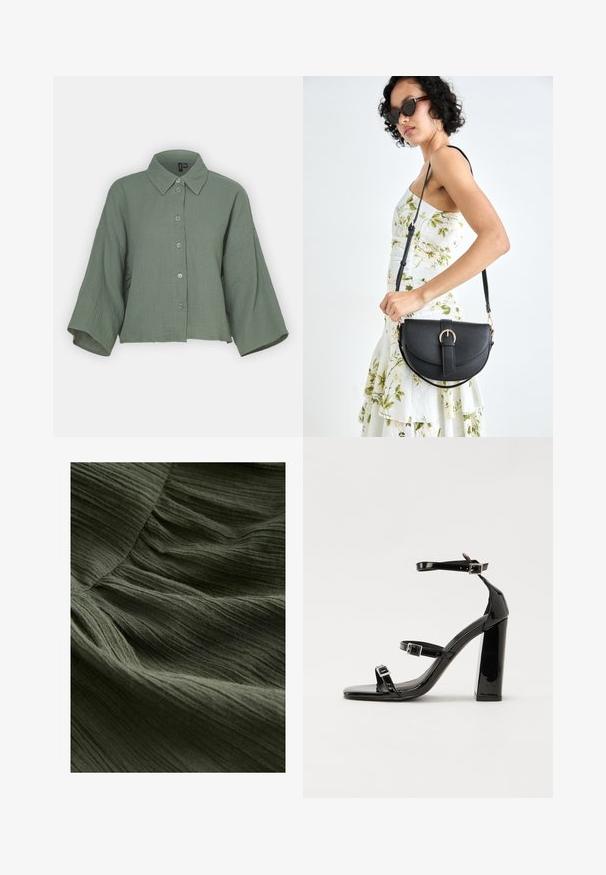 Žalia trumpa palaidinė iš tekstūruotos medžiagos; turi apykaklės iškirptę, priekinį mygtuką ir plačias rankoves.; Žalia plisuota medžiaga, arti, su minkšta, tekstūruota paviršiumi, plonomis banguotomis linijomis ir lengvu, laisvai krintančiu išvaizdu.; Juoda blizgi lakuota basutė su kvadratiniu pirštu, kulkšnies dirželiais ir sidabro sagtimis. Yra tvirta blokinė kulno konstrukcija, užtikrinanti stabilumą.; Juodas odinis krepšys su išlenkta forma, nuimamu dirželiu ir auksiniais detalėmis. Krepšys turi kilpą su sagtimi.