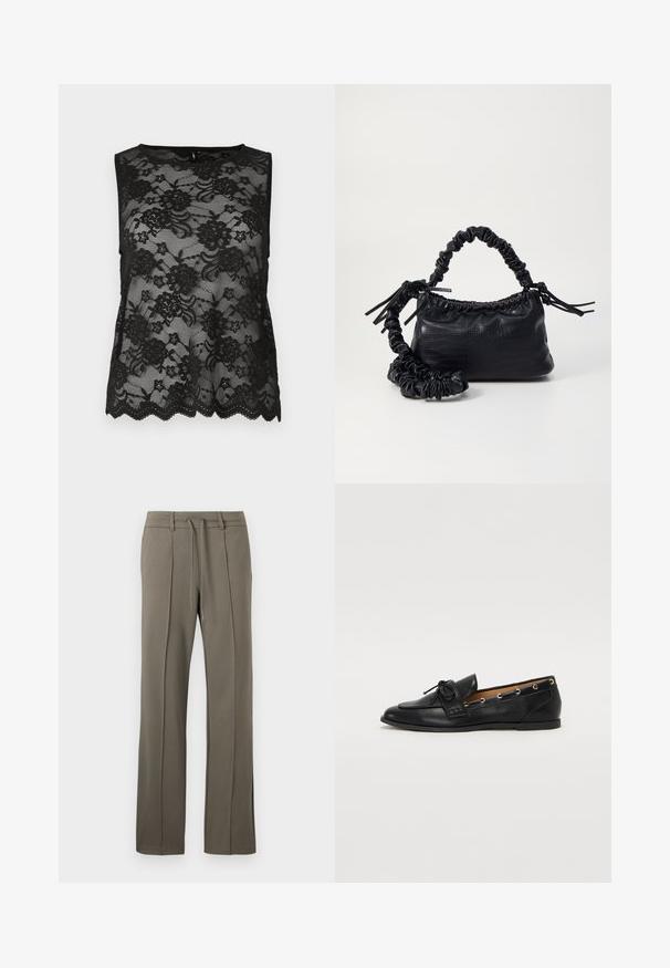 Haut sans manches noir en dentelle, présentant des motifs floraux, un ourlet festonné et une texture transparente. Encolure ronde simple.; Pantalons kaki avec une coupe droite, taille à cordon de serrage et deux plis sur le devant. Fabriqués dans un tissu doux et texturé.; Mocassins en cuir noir avec un nœud lié, présentant des œillets dorés le long des côtés et une semelle en caoutchouc plate. Texture lisse, design classique.; Sac à main en simili cuir noir avec une texture crocodile, un dessus resserré et une sangle froncée. A l'apparence douce et compacte.