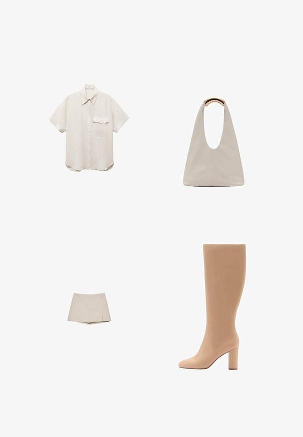 Kortærmet, lys beige skjorte med knaplukning foran og en enkelt brystlomme. Lavet af et blødt, tekstureret stof.; Beige kvinders skorts med en let frontslids og tilknyttede shorts nedenunder, vist på en hvid baggrund.; Knæhøj nude støvle med en glat, mat finish, spids tå og et robust blokhæl. Klassisk silhuet, slankt design, ingen synlig hardware.; Lysegrå lædertaske med et U-formet design og et buet metallisk håndtag. Glat tekstur med minimal syning og ingen synlige mønstre.