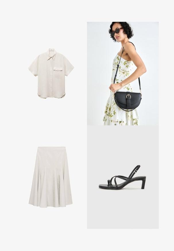 Korte mouwen, lichtbeige overhemd met een knoopsluiting aan de voorkant en een enkele borstzak. Gemaakt van een zachte, gestructureerde stof.; Crèmekleurige uitlopende rok van een soepele stof, met plooien voor volume en een eenvoudig, onopgesmukt ontwerp.; Zwarte sandaal met bandjes, vierkante teen en een lage blokhak. Voorzien van meerdere dunne bandjes en een verstelbare enkelband. Gemaakt van zacht leer.; Zwarte leren handtas met een gebogen vorm, afneembare schouderband en gouden hardware. De tas heeft een klep met een gespsluiting.