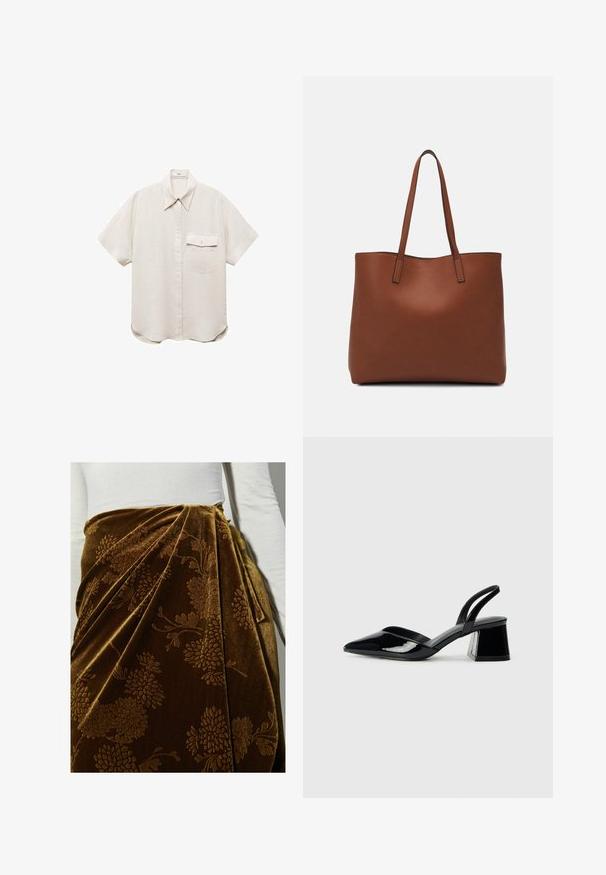 Chemise à manches courtes, beige clair, avec une fermeture par boutons sur le devant et une seule poche poitrine. Fabriquée dans un tissu doux et texturé.; Jupe en velours marron avec un motif floral, présentant des plis et un design drapé. La surface texturée met en valeur les détails ornés.; Escarpins en cuir verni noir avec bout pointu et talon bloc géométrique. Présente un design élégant et minimaliste ainsi qu'une texture lisse.; Sac fourre-tout en cuir marron avec une texture lisse, design à ouverture supérieure et deux poignées pour le porter à l'épaule. Présente des coutures minimales et aucun matériel visible.