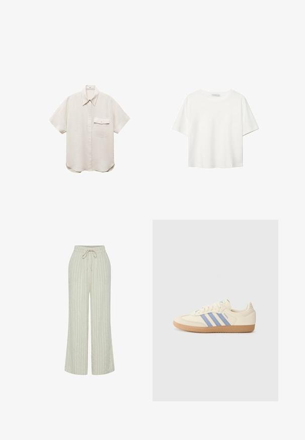 Koszula z krótkim rękawem w jasnym odcieniu beżu, z zapięciem na guziki z przodu i jedną kieszonką na piersi. Wykonana z miękkiego, teksturowanego materiału.; Biała koszulka z krótkim rękawem, wykonana z bawełny. Posiada okrągły dekolt i luźny krój. Gładka faktura bez widocznych wzorów czy akcentów.; Jasno-beżowe lniane spodnie z pionowymi niebieskimi paskami, szerokie nogawki, elastyczny pas i regulowany sznurek. Miękka tekstura, luźny krój.; Kremowe sneakersy z jasnoniebieskimi paskami i napisem „Samba”. Posiadają teksturowaną gumową podeszwę i górną część z gładkiej skóry.