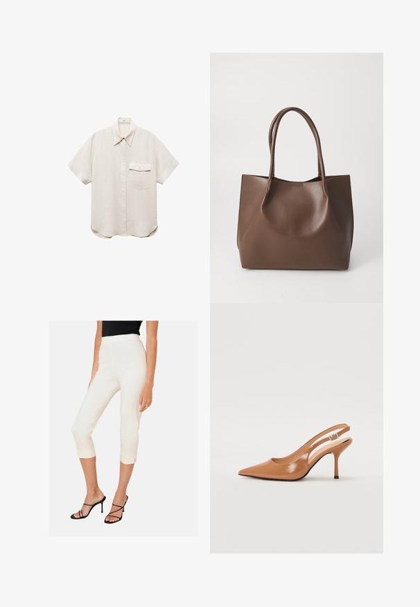 Cămașă cu mânecă scurtă, de culoare bej deschis, cu închidere prin butoni și un singur buzunar pe piept. Fabricată dintr-un material moale, texturat.; Pantaloni scurți albi cu un design ajustat și deschideri laterale la poale, asortați cu sandale negre cu curele. Material neted cu un finisaj lucios.; Pantofii cu toc slingback, cu vârful ascuțit, dintr-un material tan neted și strălucitor. Prezintă un design cu decupaj curbat și un toc subțire stil stiletto. Detaliu cu cataramă argintie.; Geantă tote din piele maro, cu două mânere lungi, formă structurată, textură netedă și design minimal. Fără elemente sau accente vizibile.