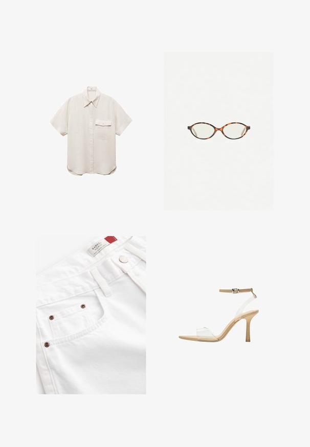 Koszula z krótkim rękawem w jasnym odcieniu beżu, z zapięciem na guziki z przodu i jedną kieszonką na piersi. Wykonana z miękkiego, teksturowanego materiału.; Białe dżinsowe szorty z średnim stanem, pięcioma kieszeniami i akcentami w kolorze miedzi. Teksturowany materiał z haftowanymi detalami.; Przezroczysta sandał z obcasem, z przezroczystą cholewką, beżową wkładką i smukłym paskiem w okolicy kostki. Posiada spiczasty czubek i cienki wysoki obcas.; Okulary w kolorze tortoiseshell z owalnymi soczewkami i gładkim, eleganckim wykończeniem. Posiadają cienkie boki z delikatnym łukiem w okolicy skroni. Przezroczyste soczewki.
