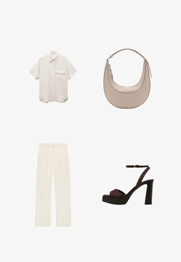 Cămașă cu mânecă scurtă, de culoare bej deschis, cu închidere prin butoni și un singur buzunar pe piept. Fabricată dintr-un material moale, texturat.; Pantaloni largi bej dintr-un material neted, cu închidere frontală cu buton, două buzunare laterale și detalii de cusătură minimale.; Sandal cu toc înalt din suede maro, cu vârf deschis, curea ajustabilă la gleznă și talpă cu dungi.; Geantă de umăr din piele bej, cu o formă de semilună, textură netedă și un singur mânere curbat. Dispune de o închidere cu fermoar și cusături bine realizate.