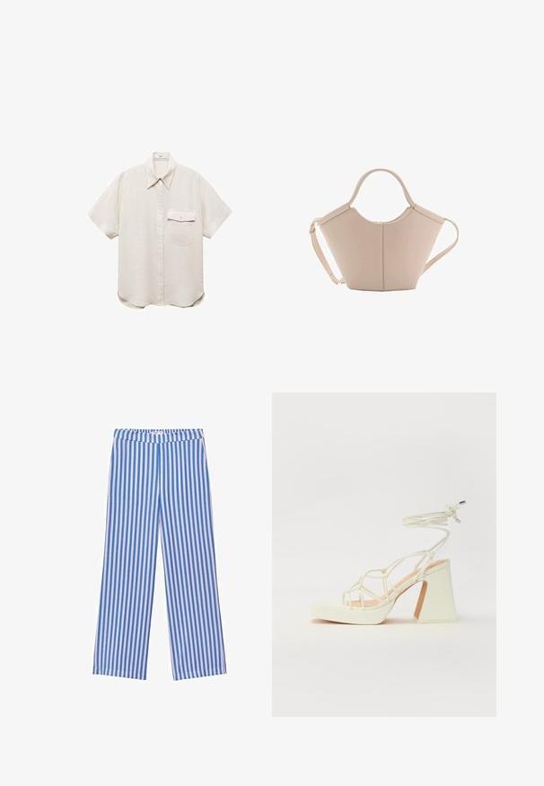 Cămașă cu mânecă scurtă, de culoare bej deschis, cu închidere prin butoni și un singur buzunar pe piept. Fabricată dintr-un material moale, texturat.; Pantaloni cu dungi albastre și albe, cu picioare largi, cu un brâu elastic, realizați dintr-un material moale, având dungi verticale de lățimi diferite.; Sandale albe cu toc înalt și gros, cu un design cu curele și legătură la gleznă. Textură netedă, cu o platformă frontală pentru înălțime suplimentară.; Geantă de mână bej din piele cu o formă unică, dotată cu două mânere scurte și o curea lungă ajustabilă. Textură netedă, cu hardware minim.