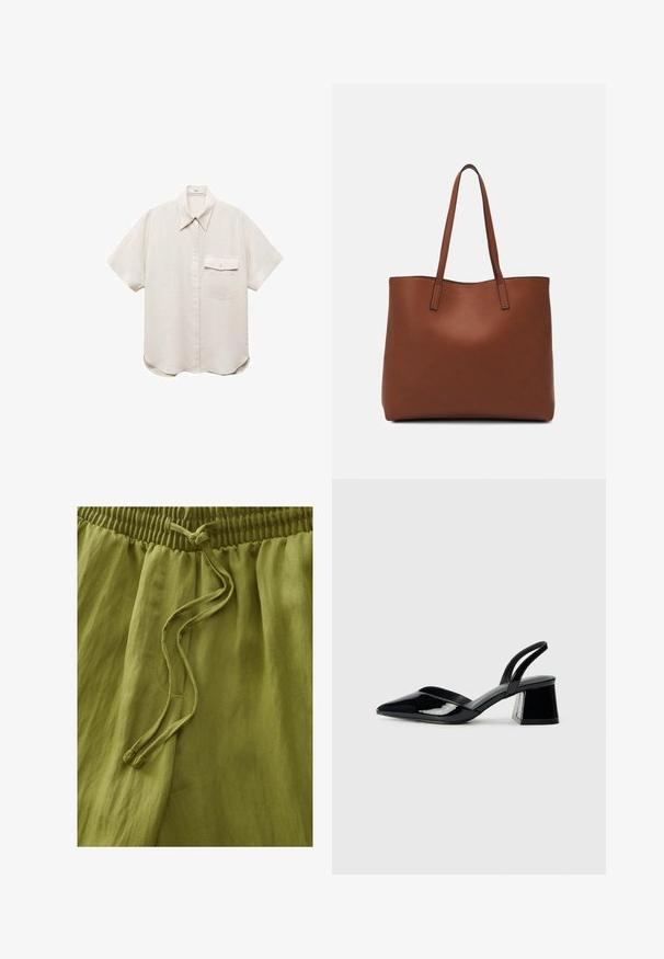Camicetta a maniche corte di un leggero colore beige, con un'apertura a bottoni e una singola tasca sul petto. Realizzata in un morbido tessuto testurizzato.; Pantaloni verde oliva realizzati in tessuto leggero. Caratterizzati da una vita elastica e coulisse. Texture liscia con una morbida caduta.; Décolleté in vernice nera con punta affusolata e tacco in geometria cubica. Presentano un design elegante e minimalista, con una texture liscia.; Borsa tote in pelle marrone con texture liscia, design con apertura superiore e due spallacci. Presenta cuciture minime e nessun hardware visibile.