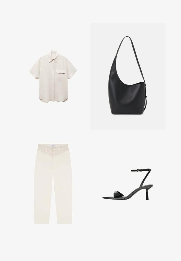 Kortærmet, lys beige skjorte med knaplukning foran og en enkelt brystlomme. Lavet af et blødt, tekstureret stof.; Cremefarvede bukser med lige ben, lavet af blødt stof. Har en mønstret talje og standard forlommer.; Bershka Højhælede sandaletter / Højhælede sandaler - black; Sort læder hobo taske med en glat overflade, buet form og en enkelt justerbar rem; har en bred åbning øverst.