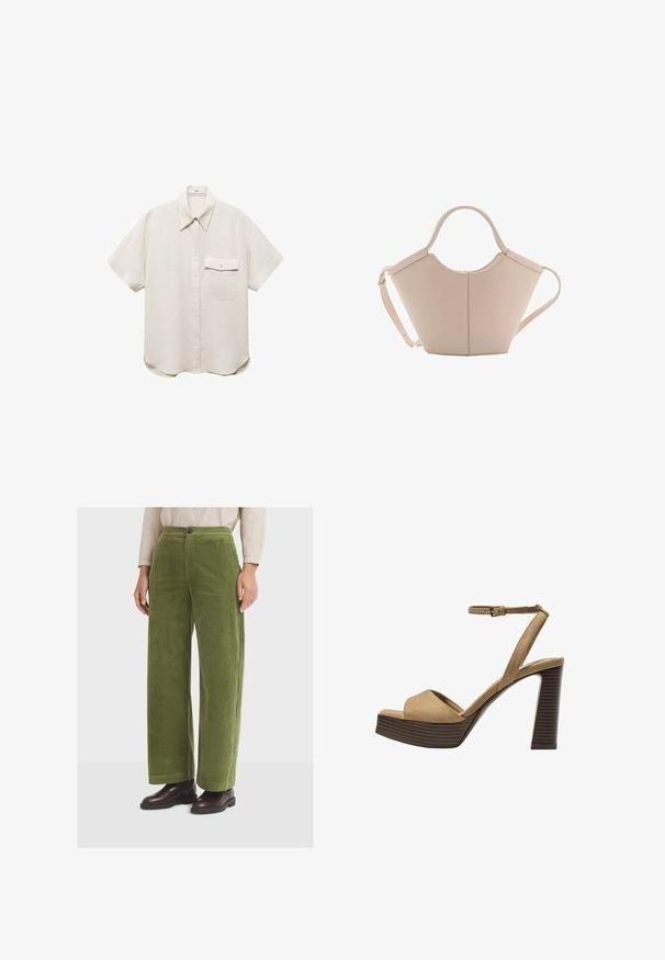 Krátky rukáv, svetlo béžová košeľa s gombíkovou prednou časťou a jedným vreckom na hrudi. Vyrobená z jemnej, štruktúrovanej tkaniny.; Zelené široké nohavice z kordu s vysokým pásom a prednými vreckami, s jedným gombíkom na zapínanie a textúrovaným, ribovaným povrchom.; Bežové semišové sandále na vysokom opätku s širokým predným pásom a pásikom okolo členka, ktoré majú masívny drevený blokový opätok s textúrovaným povrchom.; Béžová kožená kabelka s unikátnym tvarom, vybavená dvoma krátkymi uchami a jedným dlhým nastaviteľným popruhom. Hladký povrch s minimálnym kovovým príslušenstvom.