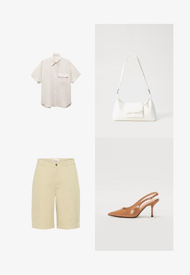 Camicetta a maniche corte di un leggero colore beige, con un'apertura a bottoni e una singola tasca sul petto. Realizzata in un morbido tessuto testurizzato.; Pantaloni corti fino al ginocchio realizzati in cotone beige chiaro. Presentano una chiusura frontale con bottone, passanti per la cintura e tasche laterali con una superficie morbida.; Tacco slingback a punta affusolata in un materiale tan liscio e lucido. Presenta un design con ritaglio curvo e un sottile tacco a stiletto. Dettaglio con fibbia argentata.; Borsa sintetica bianca a forma triangolare, con patta anteriore piatta e dettaglio a fiocco, tracolla regolabile, texture liscia e design minimalista.