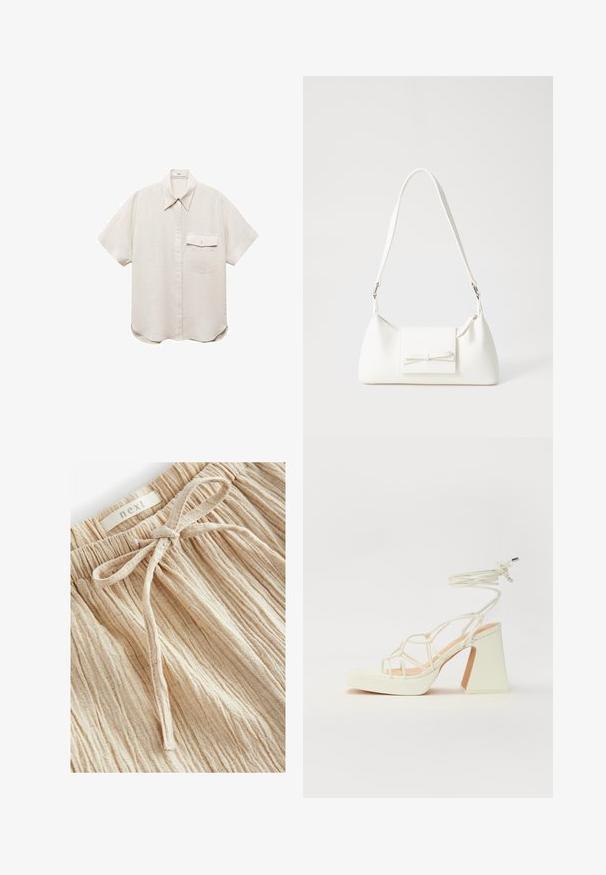 Srajca s kratkimi rokavi v svetlo bež barvi z gumbi spredaj in enim žepom na prsih. Narejena je iz mehke, teksturirane tkanine.; Bež šortsi z teksturo, ki imajo nabran pas in sprednji detajl s privezovanjem, narejeni iz lahkega materiala z drobnimi vertikalnimi črtami.; Bela sandala na visokih petah s debelim petam, ki ima obliko trakcev in vezanje okoli gležnja. Gladka tekstura z platformo spredaj za dodatno višino.; Bela sintetična torbica v obliki trikotnika, z ravnim sprednjim poklopcem in detajlom mašne, nastavljivim trakom, gladko teksturo in minimalističnim dizajnom.