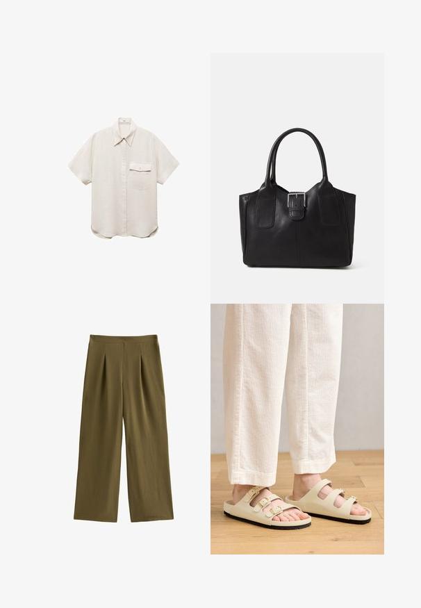Korte mouwen, lichtbeige overhemd met een knoopsluiting aan de voorkant en een enkele borstzak. Gemaakt van een zachte, gestructureerde stof.; Olijfgroene wijde broek met plooien aan de voorkant, gemaakt van lichtgewicht stof. Voorzien van een platte tailleband en een gladde textuur.; Lichtbeige sandalen met drie verstelbare banden met metalen gespen, een gewatteerde voetbed en een zwarte rubberen zool.; Zwarte leren tote bag met een gladde textuur, gestructureerde vorm, twee handvatten en een opvallend zilveren sluitingdetail aan de voorkant.