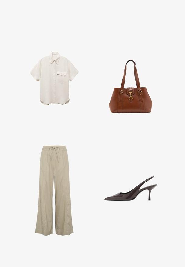 Srajca s kratkimi rokavi v svetlo bež barvi z gumbi spredaj in enim žepom na prsih. Narejena je iz mehke, teksturirane tkanine.; Bež hlače širokih nogavic, izdelane iz lahkega materiala, z elastičnim pasom na vrvico in stranskimi žepi. Gladka tekstura, minimalističen dizajn.; Svetle črne slingback pete s pointed toe v temno rjavi lakirani usnjeni obliki, ki vključujejo vitko visoko peto in nastavljiv gleženjski trak z zaponko.; Rjava usnjena torba z dvema ročajema, okroglo obliko, zlatim okovjem in osrednjim detajlom z zaponko. Gladka tekstura z izvezenimi detajli.